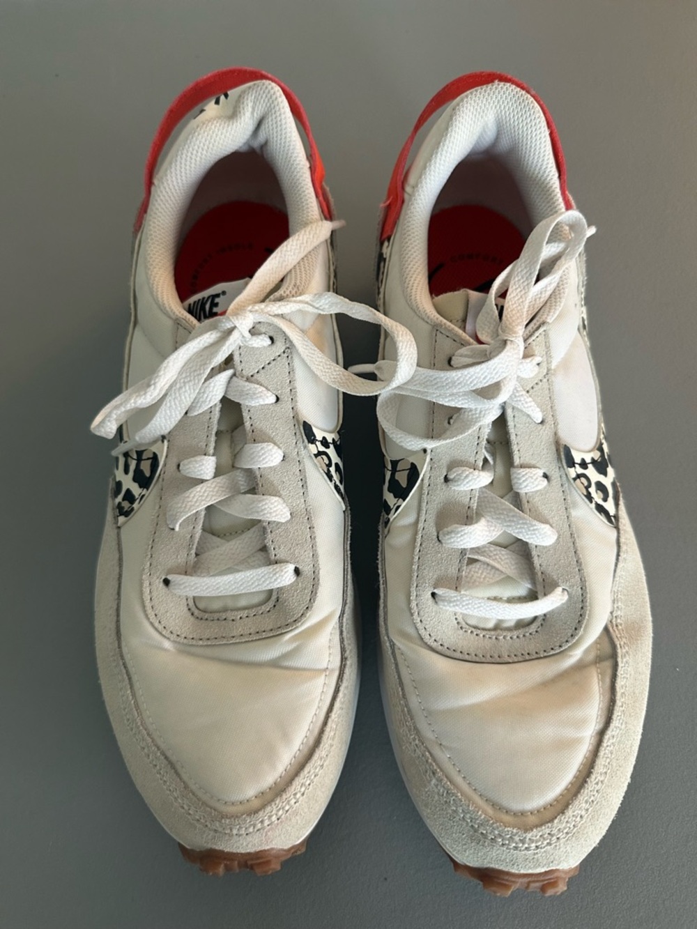 Nike Women's White Sneakers with Red Collar and Leopard Swoosh